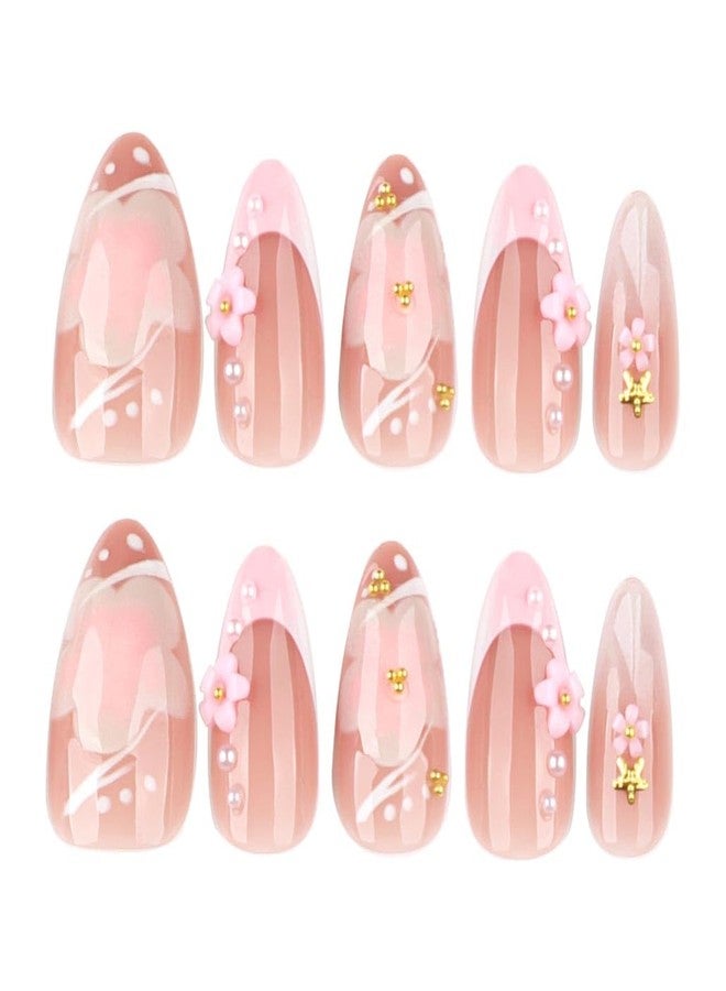 Foccna French Press on Nails Pink Short, 3D Flower Fake Nails Almond Acrylic False Nails White,Artificial Nails for Women and Girls 24pcs - Image 4